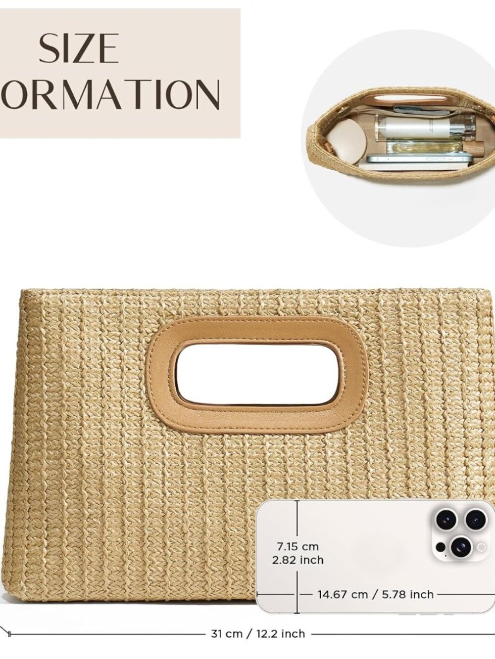 Chic Straw Clutch Purses for Women with Top Handle Summer Bag, Ideal Vacation Ha - Picture 5 of 7